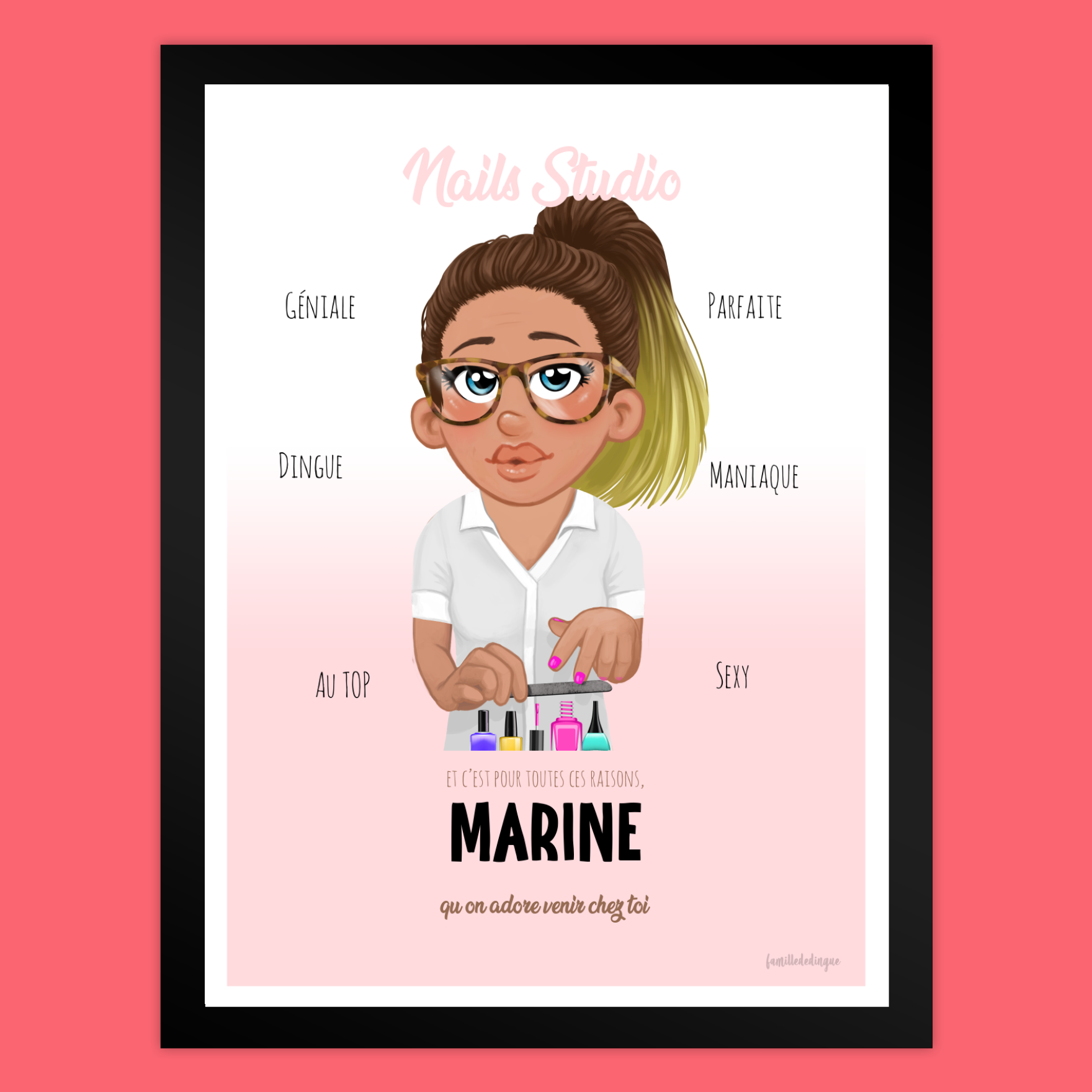 Personalized illustrated portrait of a nail technician with tools and decorative background