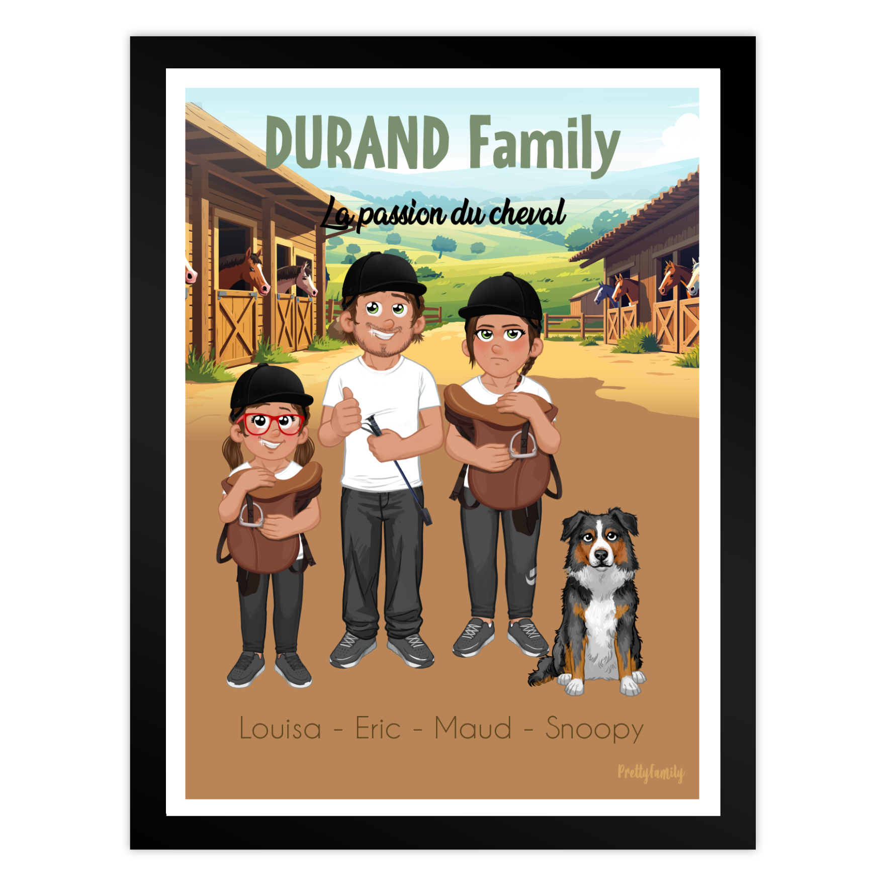 Customized family illustration rider style with avatars – stable and fields background – Pretty Family style