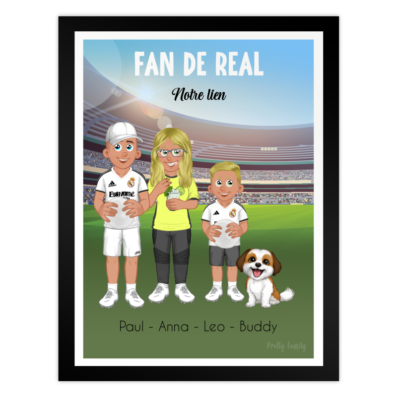 Personalised Real Madrid supporters poster with family avatars in club outfit