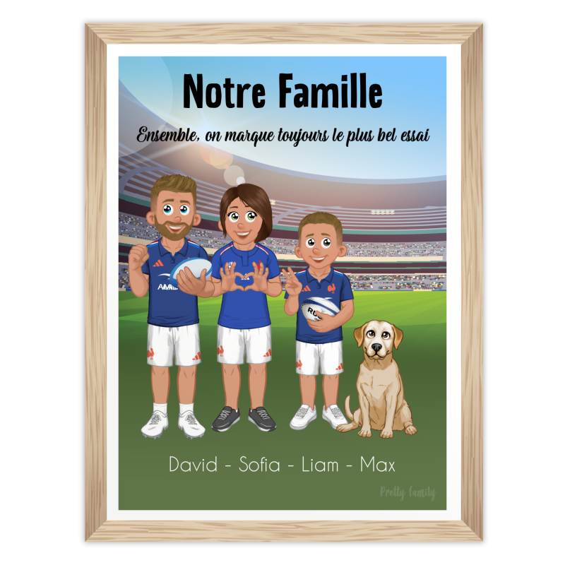 Personalized family rugby poster with custom avatars in rugby kit, stadium background and names