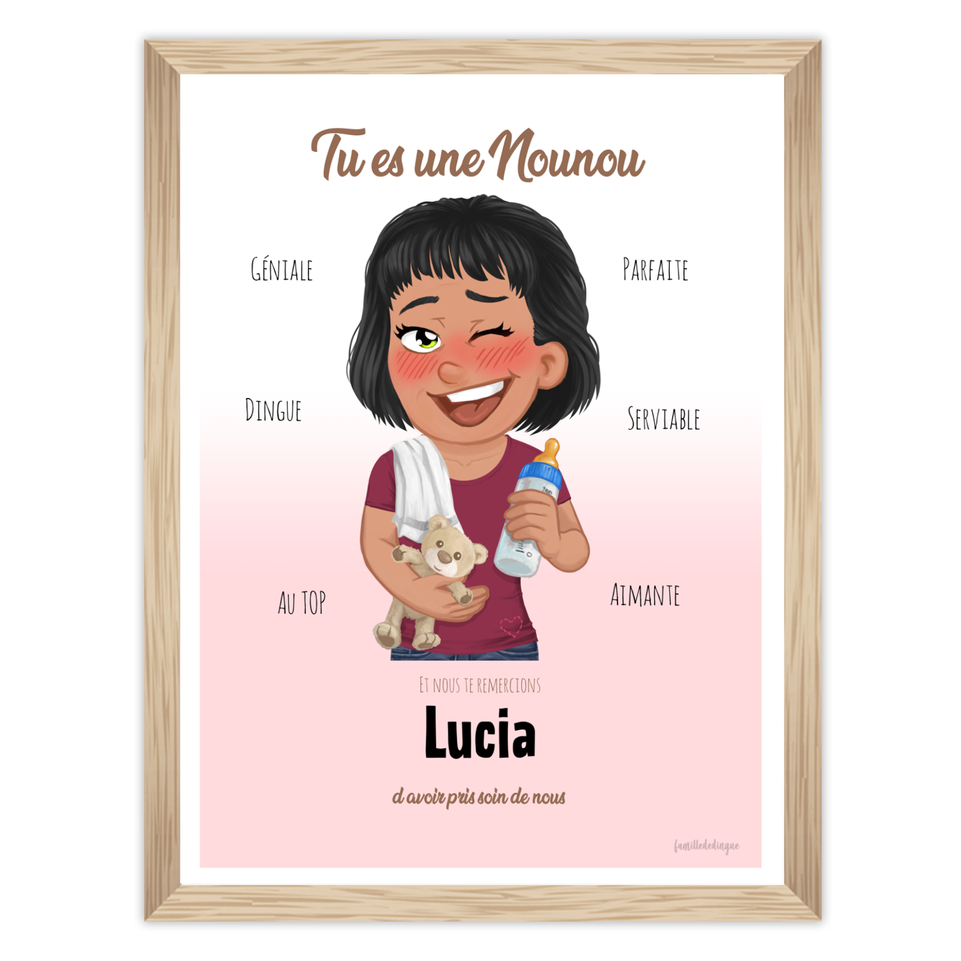 Personalized nanny illustration with avatar, traits, and children’s names