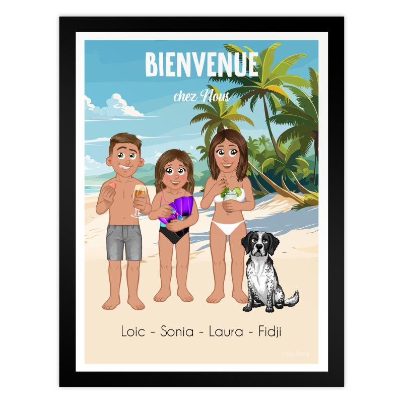 personalised welcome home print family beach couple child dog summer custom poster